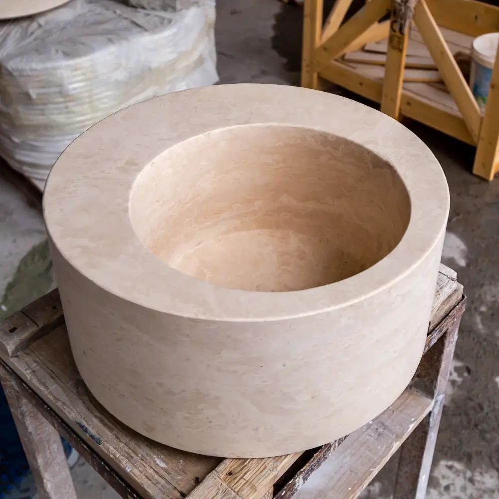 Natural Stone Light Beige Travertine Handcrafted Round Vessel Sink Honed 18 Inch by GobekDesign