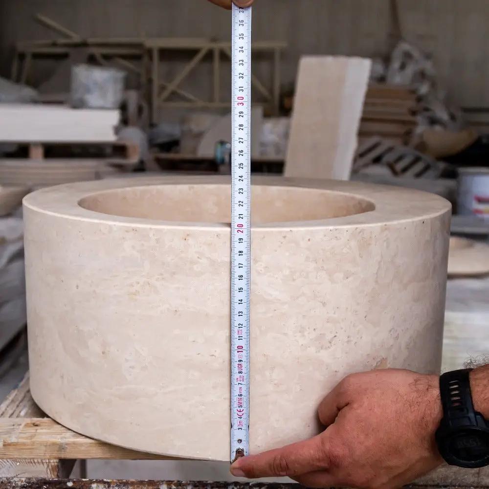 Natural Stone Light Beige Travertine Handcrafted Round Vessel Sink Honed 18 Inch by GobekDesign