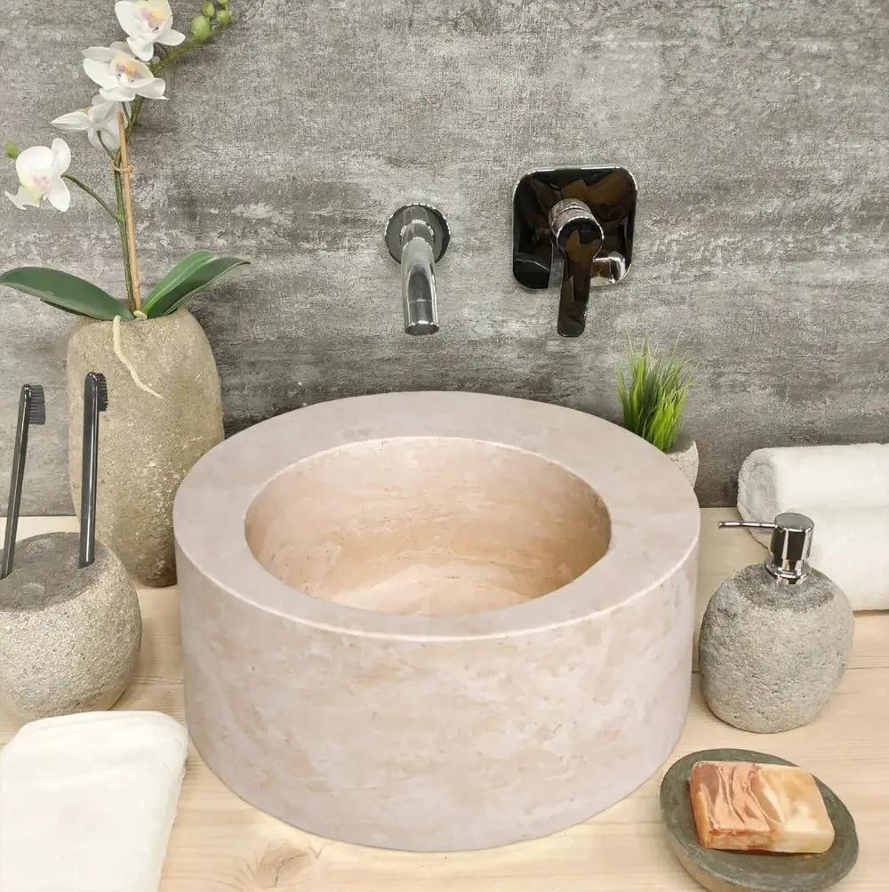 Natural Stone Light Beige Travertine Handcrafted Round Vessel Sink Honed 18 Inch by GobekDesign