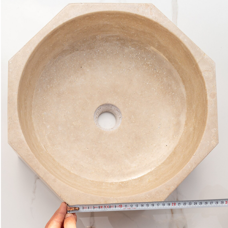 Light Beige Travertine Octagon Natural Stone Vessel Sink Polished D16 H5 SKU-EGELBTOP166 product shot single side measure