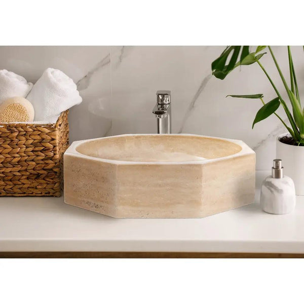 Light Beige Travertine Octagon Vessel Sink - Polished 16 Inch