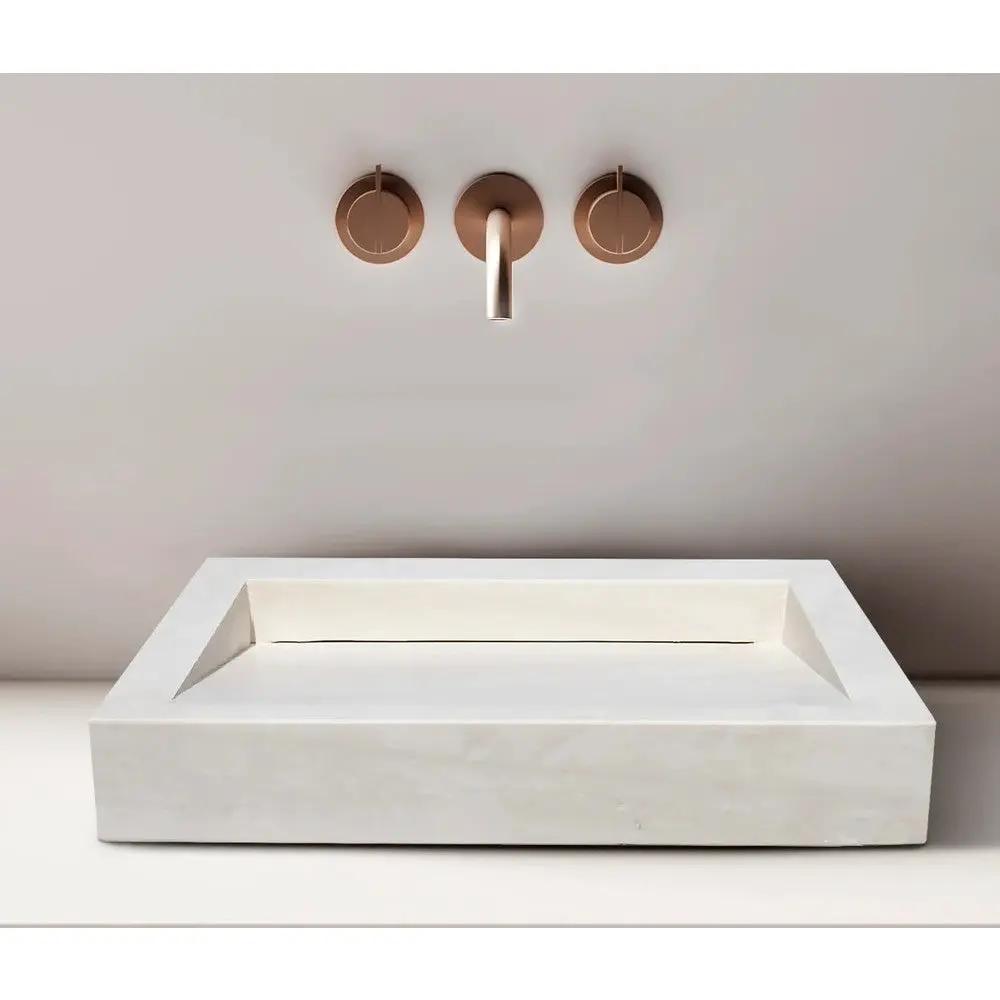 Limestone Rectangular Hidden Drain Vessel Sink - Honed 18x21 by GobekDesign