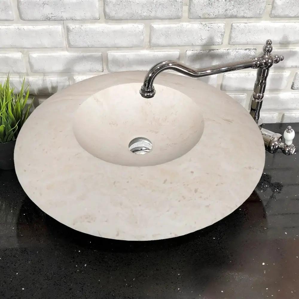 Light Travertine Natural Stone UFO Vessel Sink - 21x6 Honed Filled by GobekDesign