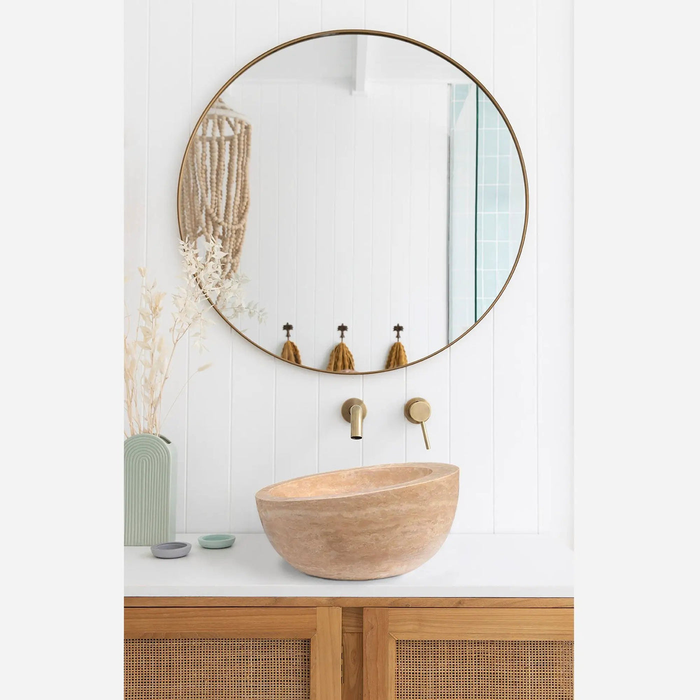Light Beige Travertine Sloped Bathroom Vessel Sink - Honed Finish 16 Inch Diameter by GobekDesign