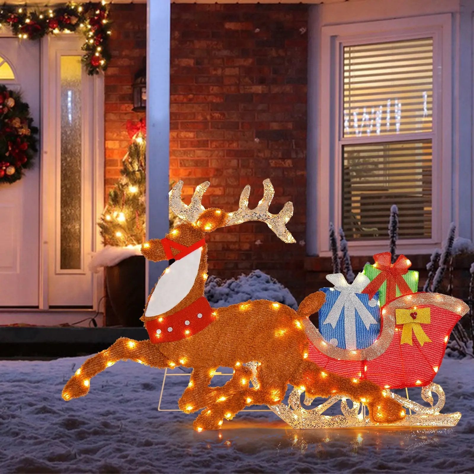 Lighted 2D Christmas Reindeer and Sleigh Decoration for Lawn Front Door Home by DirectDeals