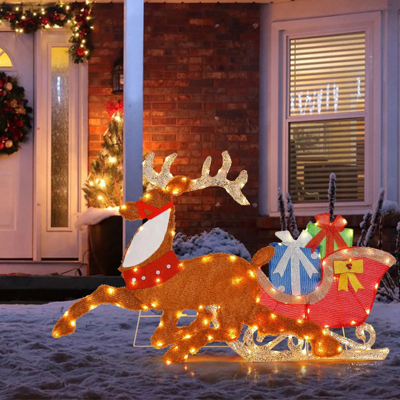 Lighted 2D Christmas Reindeer and Sleigh Decoration for Lawn Front Door Home by DirectDeals