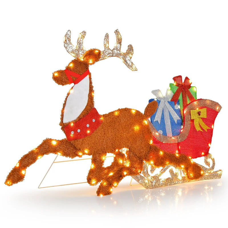 Lighted 2D Christmas Reindeer and Sleigh Decoration for Lawn Front Door Home by DirectDeals