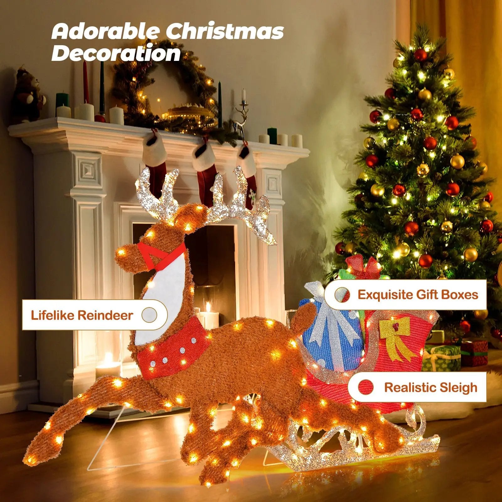 Lighted 2D Christmas Reindeer and Sleigh Decoration for Lawn Front Door Home by DirectDeals