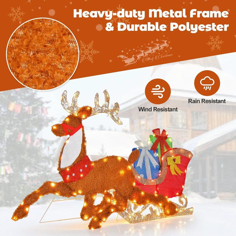 Lighted 2D Christmas Reindeer and Sleigh Decoration for Lawn Front Door Home by DirectDeals