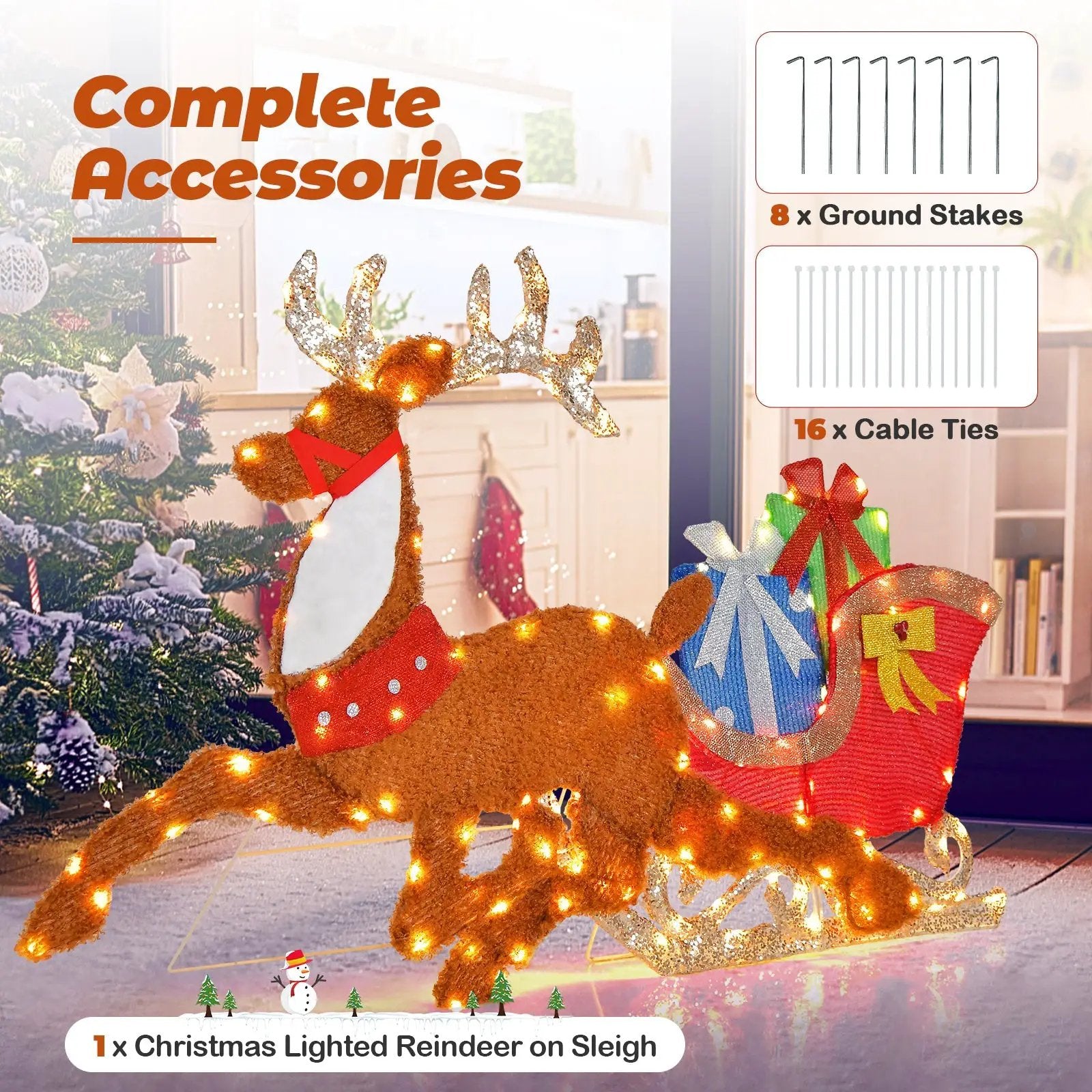 Lighted 2D Christmas Reindeer and Sleigh Decoration for Lawn Front Door Home by DirectDeals