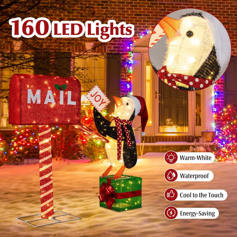 Lighted Christmas Decoration Mailbox and Penguin 3D Pre-Lit Xmas Holiday Decoration by DirectDeals