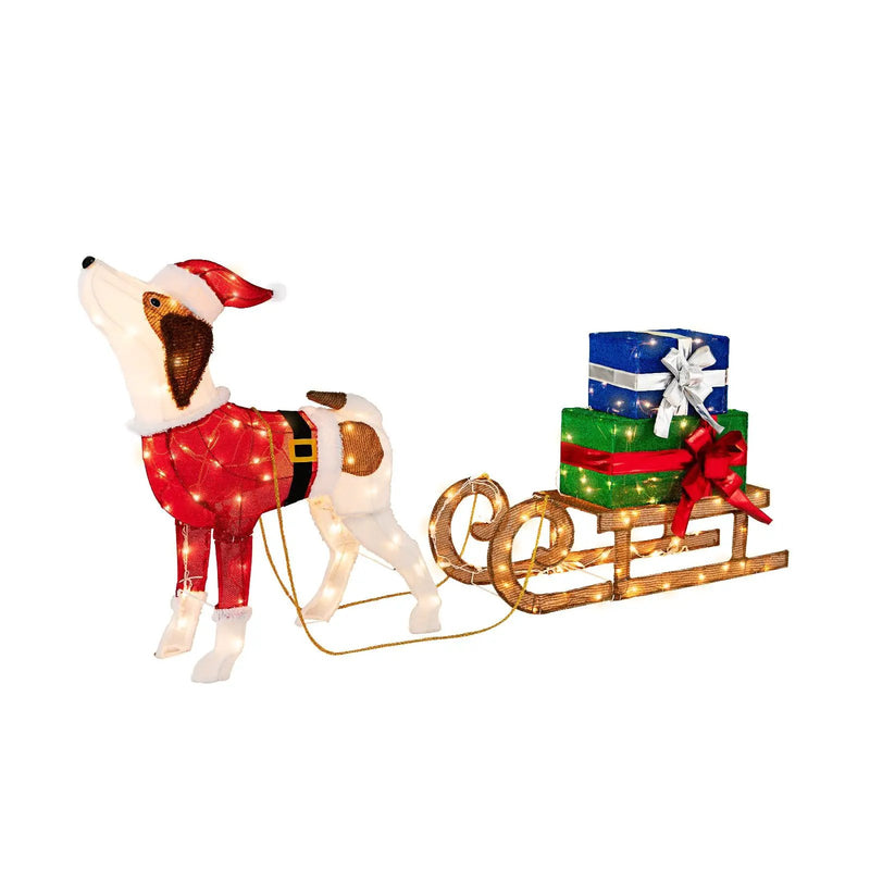 Outdoor Pre-lit Xmas Dog and Sleigh with 170 Warm Bright Lights for Porch by DirectDeals