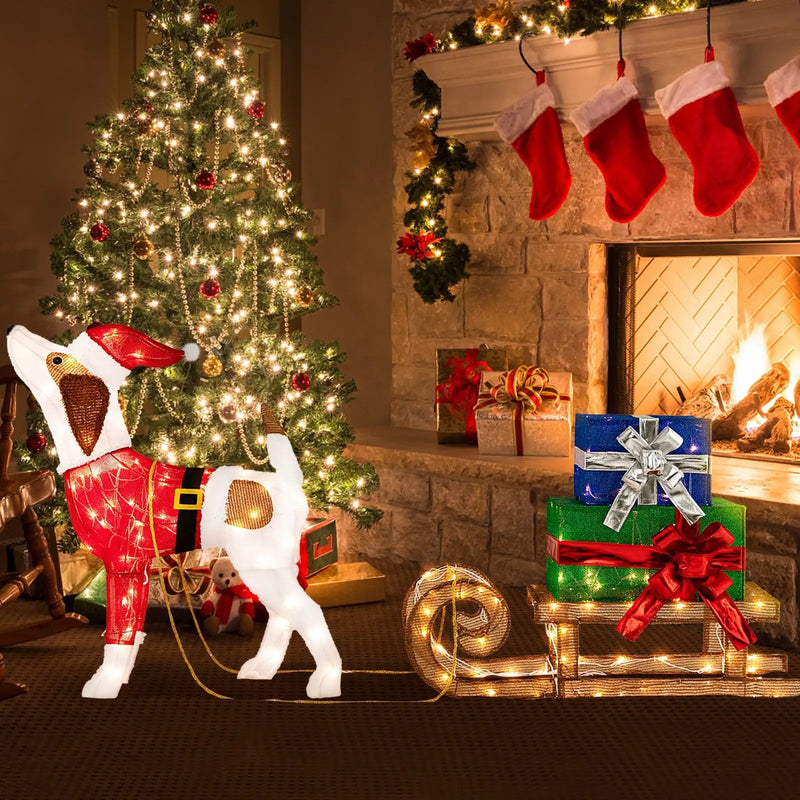 Outdoor Pre-lit Xmas Dog and Sleigh with 170 Warm Bright Lights for Porch by DirectDeals