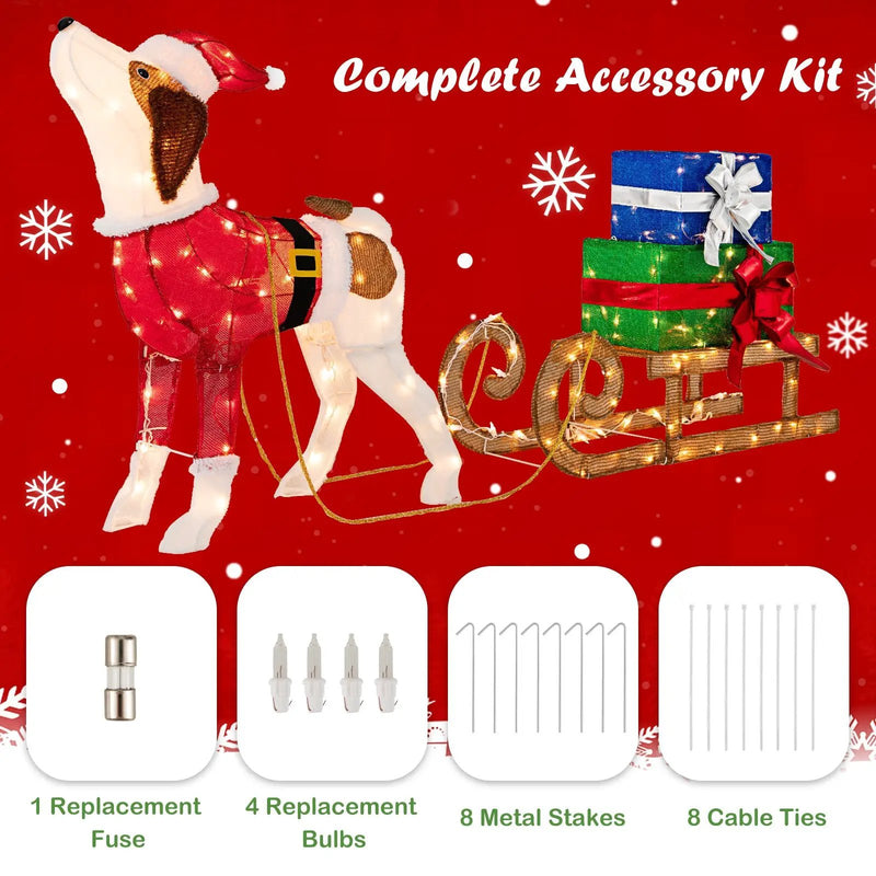 Outdoor Pre-lit Xmas Dog and Sleigh with 170 Warm Bright Lights for Porch by DirectDeals