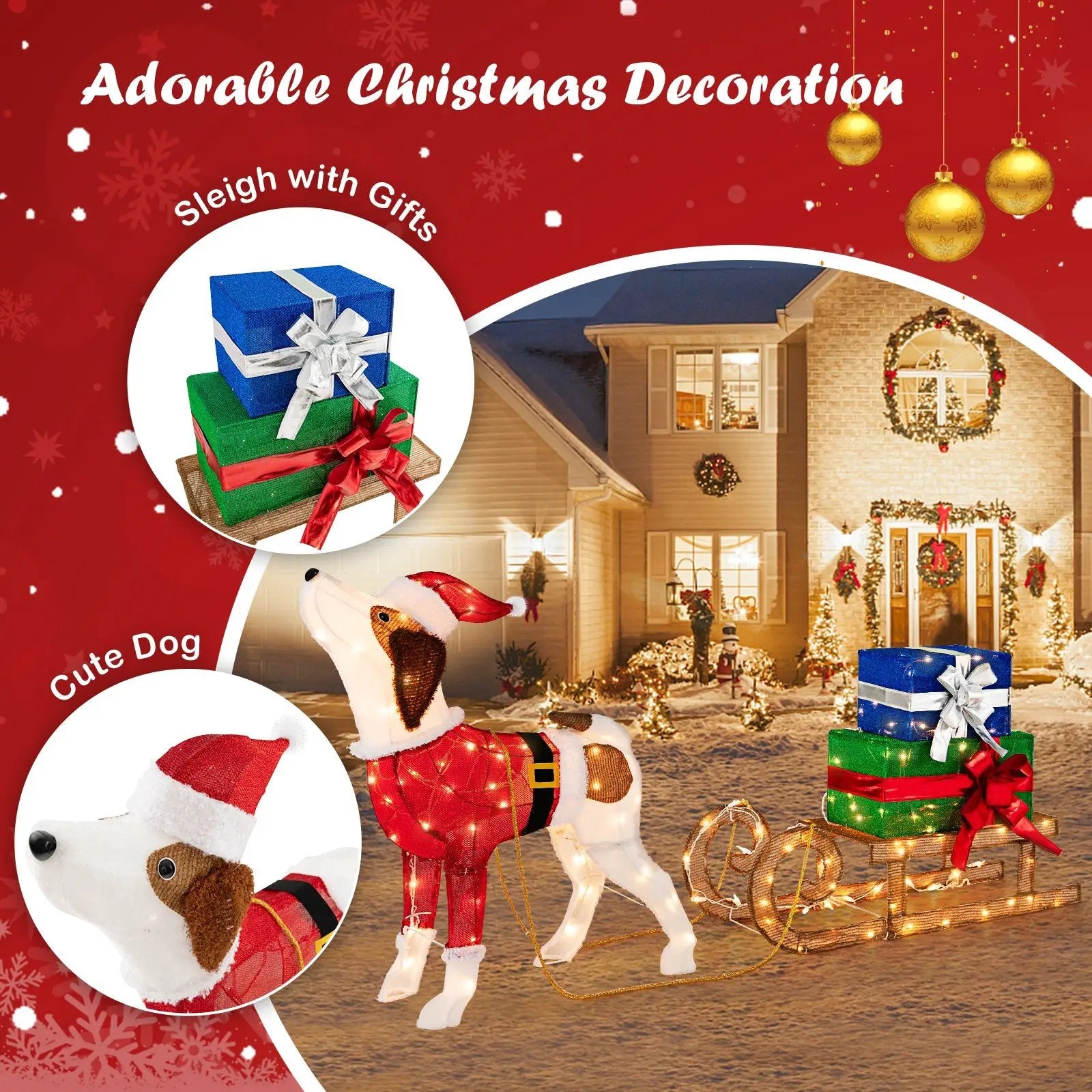 Outdoor Pre-lit Xmas Dog and Sleigh with 170 Warm Bright Lights for Porch by DirectDeals