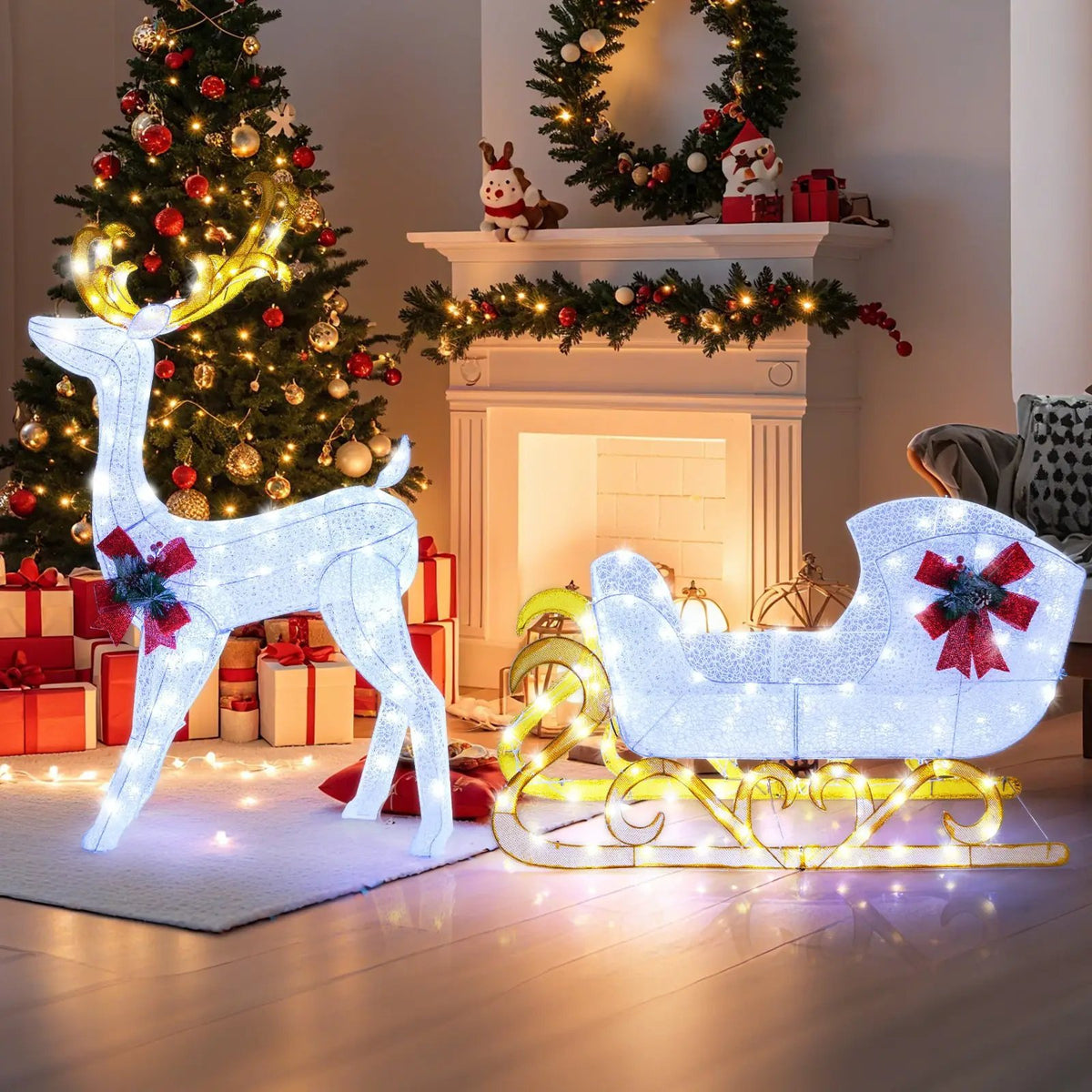 6 Feet Christmas Lighted Reindeer and Santa's Sleigh Decoration with 4 Stakes, photo 11 of 16
