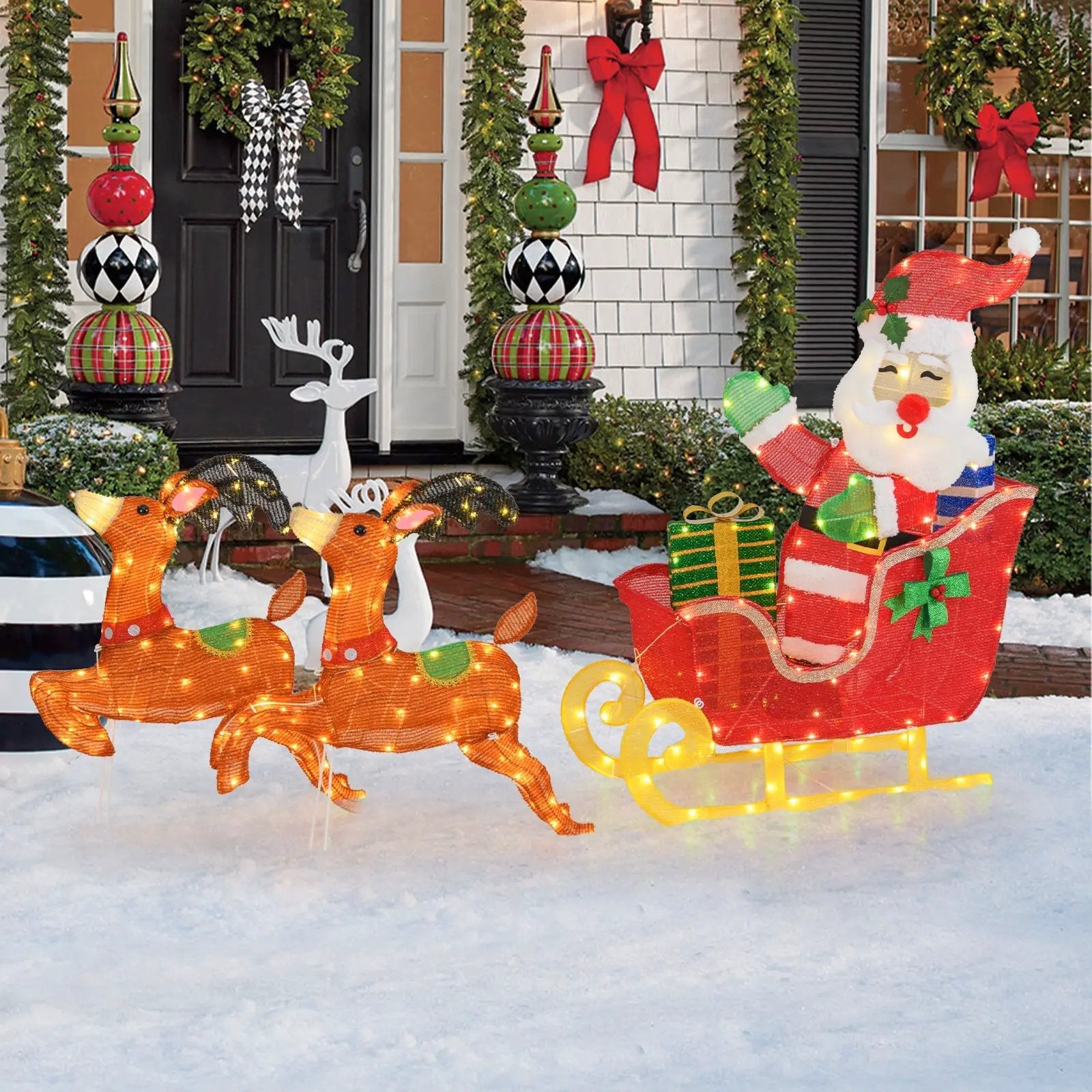 Lighted Christmas Santa on Sleigh with Reindeer and LED Lights by DirectDeals