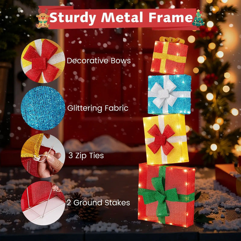 Lighted Gift Boxes Christmas Decoration 2D Set of 4 Pre-Lit Stacked Xmas Gift Boxes by DirectDeals