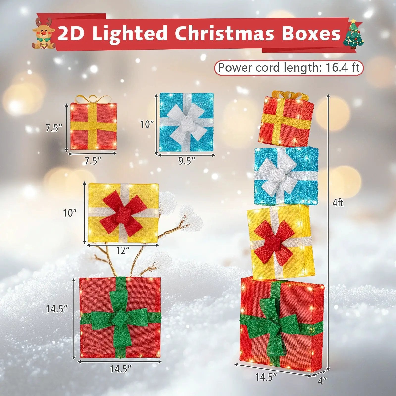 Lighted Gift Boxes Christmas Decoration 2D Set of 4 Pre-Lit Stacked Xmas Gift Boxes by DirectDeals