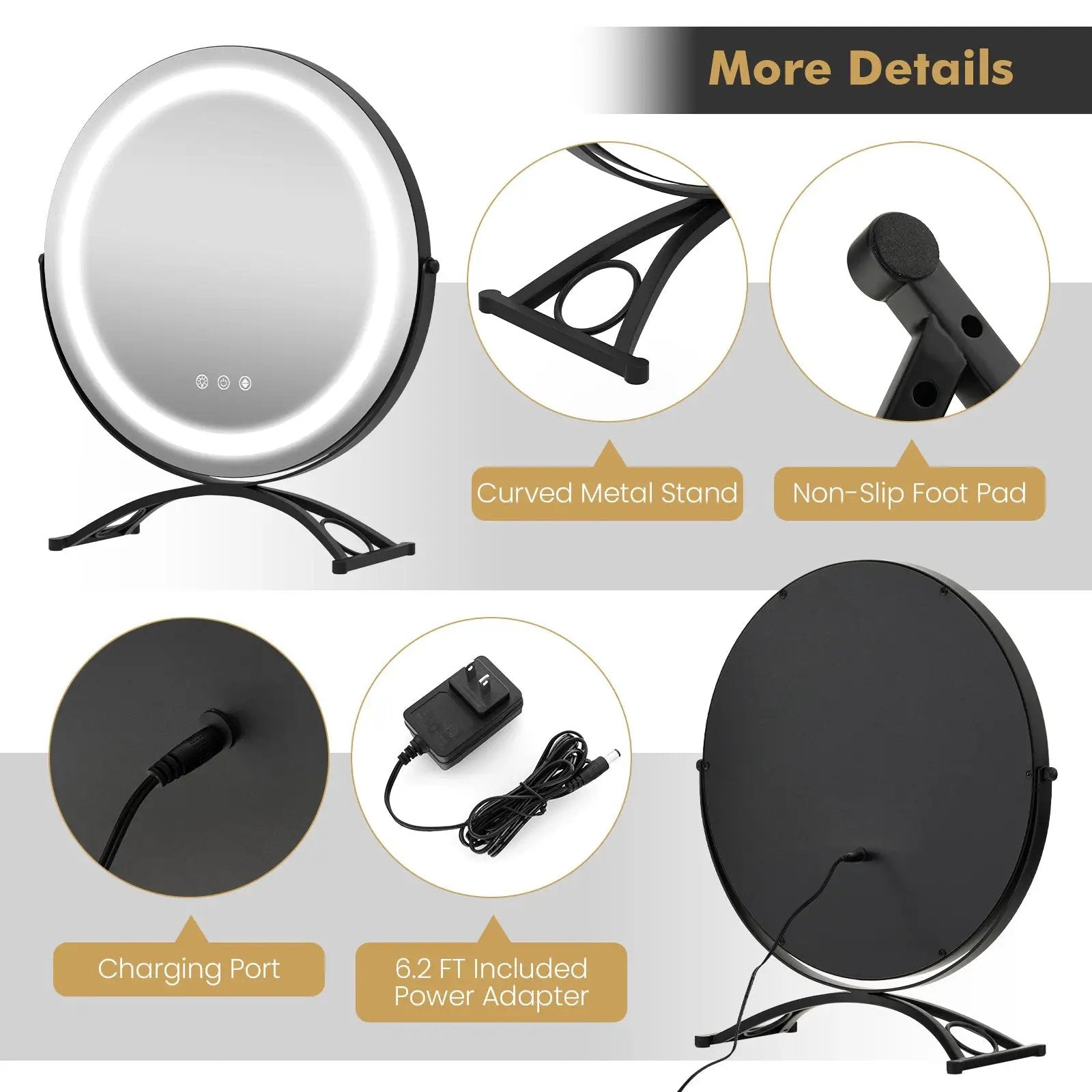 16 x 16 Inch Round LED Vanity Mirror with 3-Color Lighting and Brightness Dimming by DirectDeals