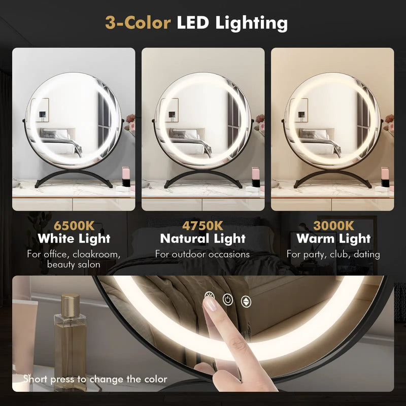 16 x 16 Inch Round LED Vanity Mirror with 3-Color Lighting and Brightness Dimming by DirectDeals