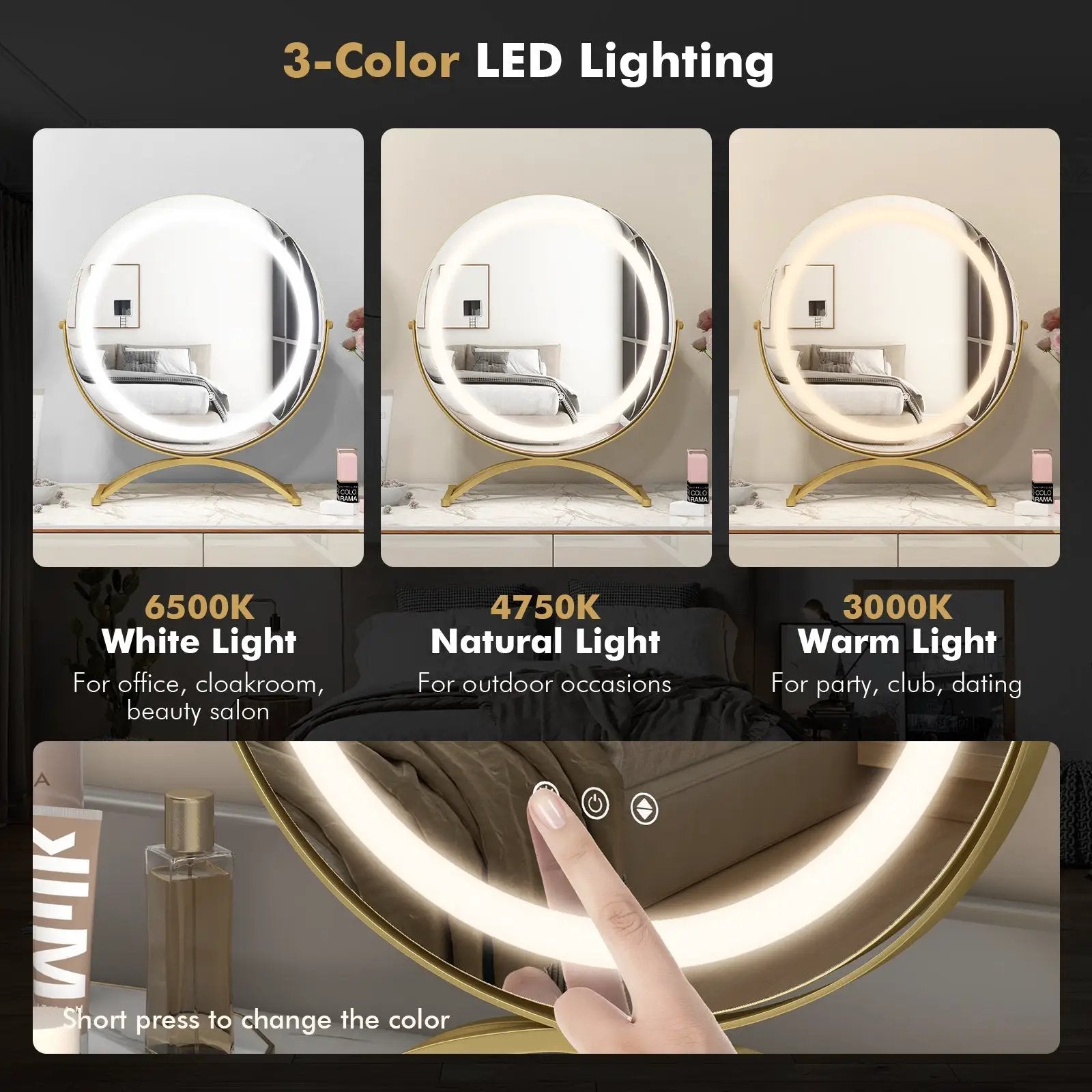 16 x 16 Inch Round LED Vanity Mirror with 3-Color Lighting and Brightness Dimming by DirectDeals