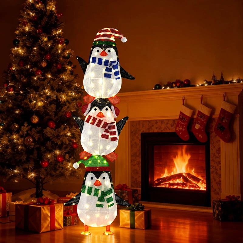 Lighted Penguins Decoration with Warm White Lights and Cute Hats by DirectDeals