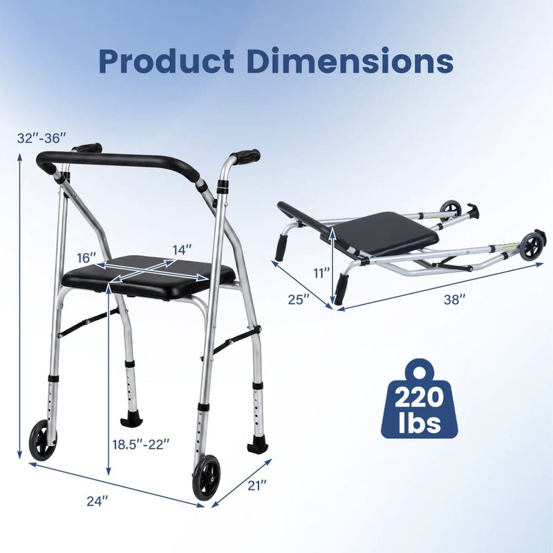 Lightweight Aluminum Mobility Walker for Seniors with 2 Wheels 5-Level Adjustable Height and Padded Seat by DirectDeals
