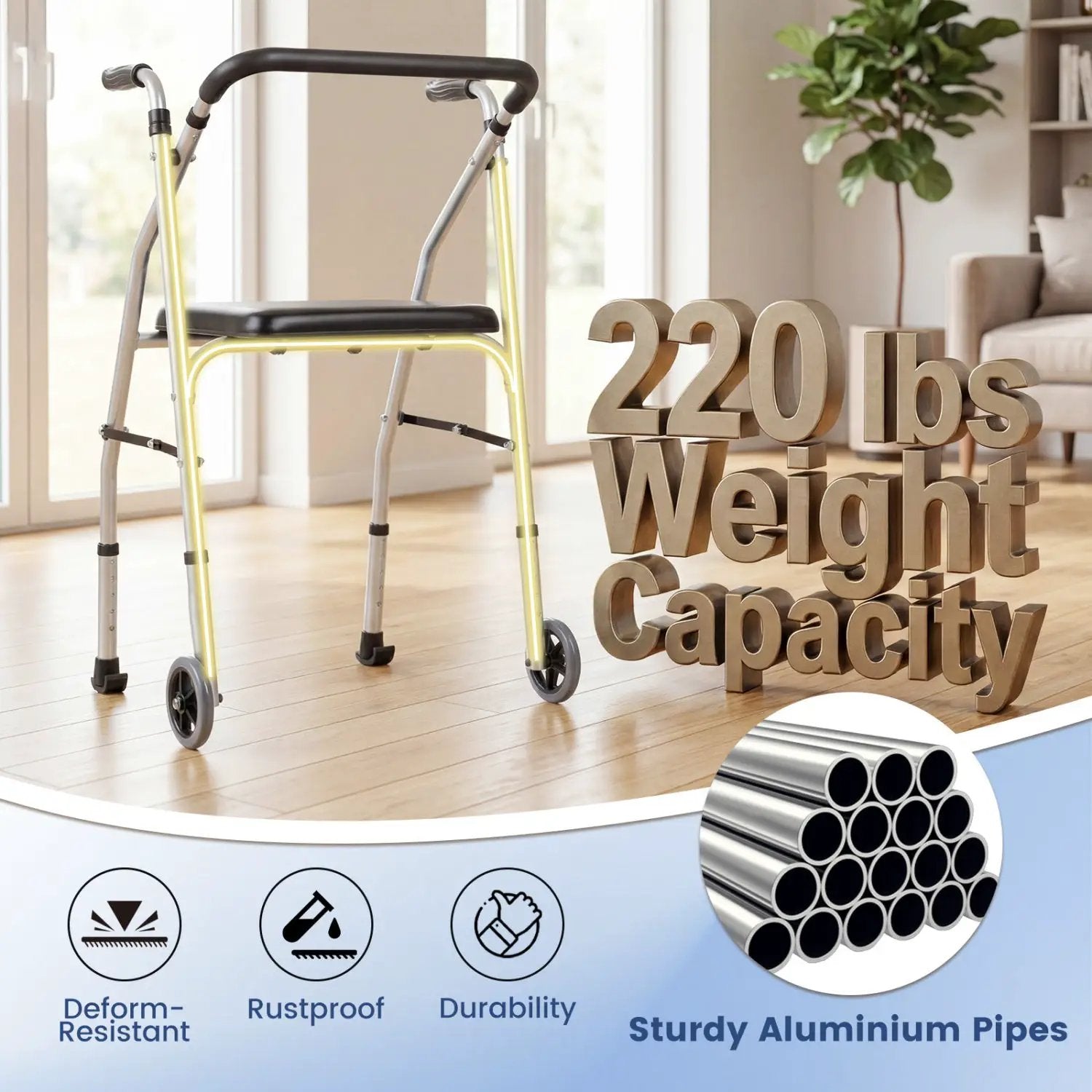 Lightweight Aluminum Mobility Walker for Seniors with 2 Wheels 5-Level Adjustable Height and Padded Seat by DirectDeals