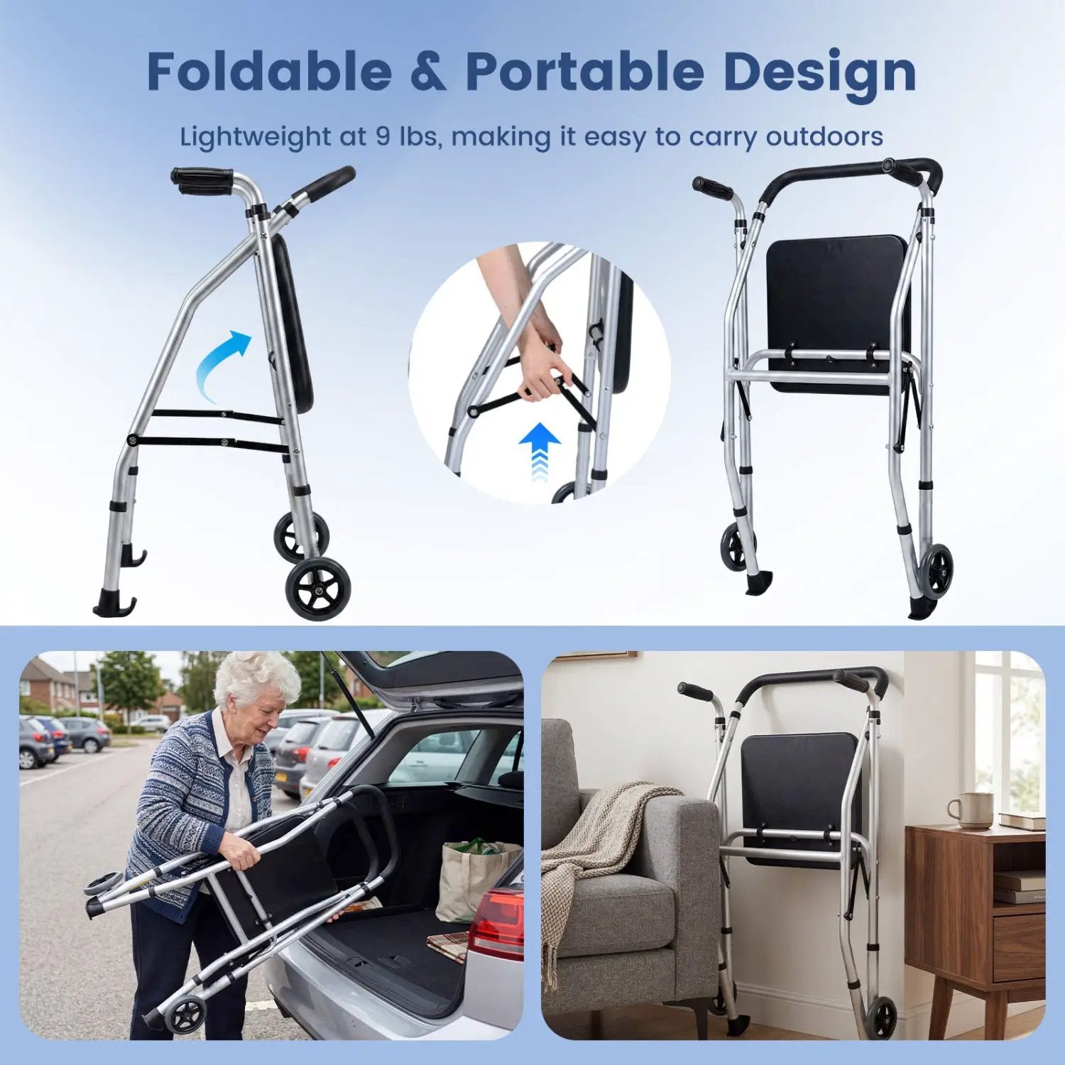 Lightweight Aluminum Mobility Walker for Seniors with 2 Wheels 5-Level Adjustable Height and Padded Seat by DirectDeals