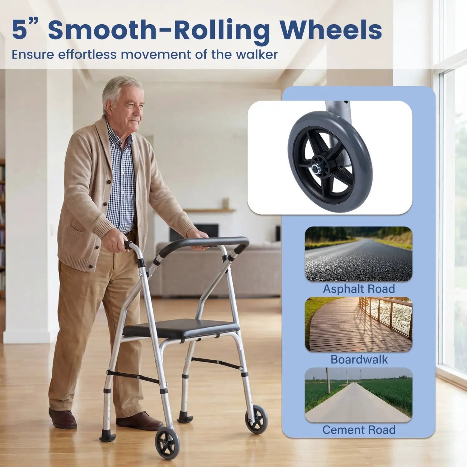Lightweight Aluminum Mobility Walker for Seniors with 2 Wheels 5-Level Adjustable Height and Padded Seat by DirectDeals