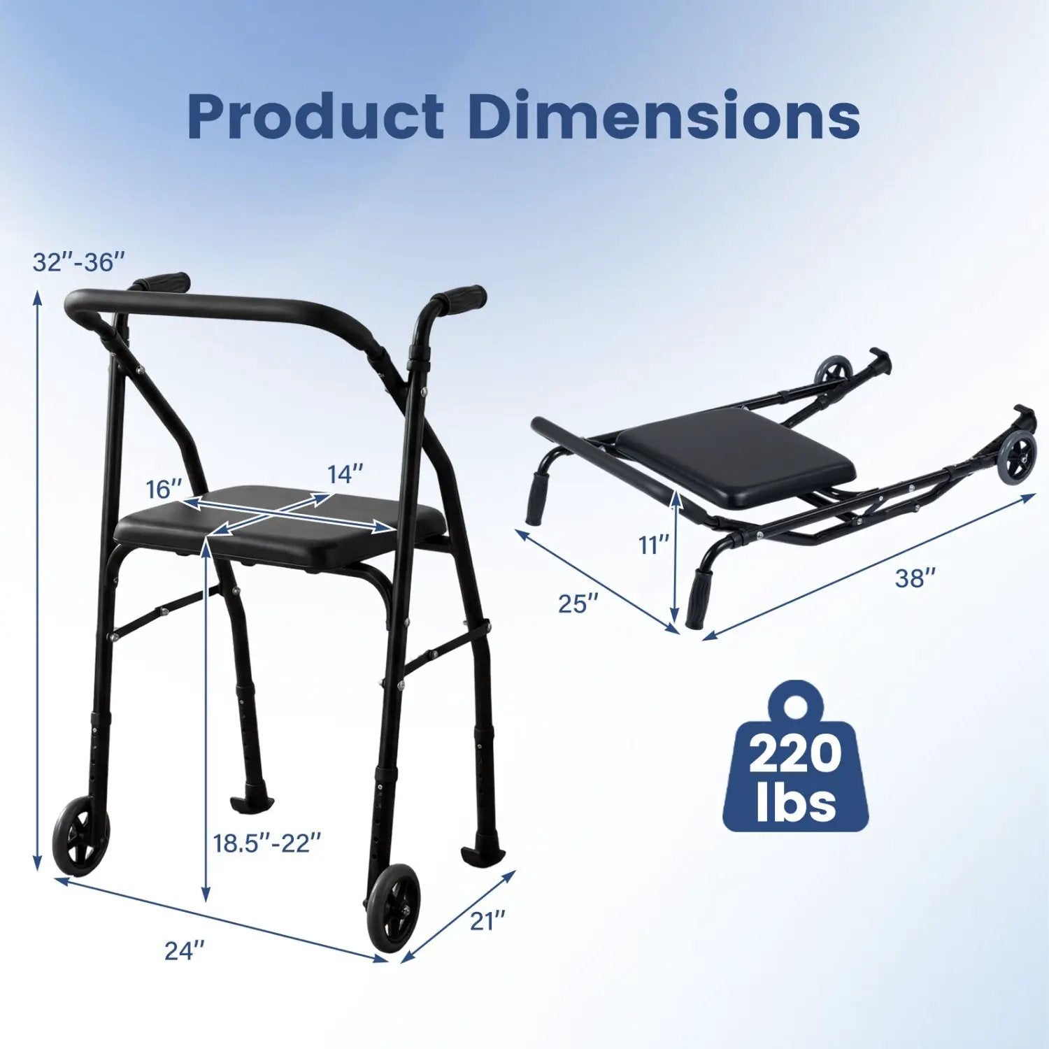 Lightweight Aluminum Mobility Walker for Seniors with 2 Wheels 5-Level Adjustable Height and Padded Seat by DirectDeals