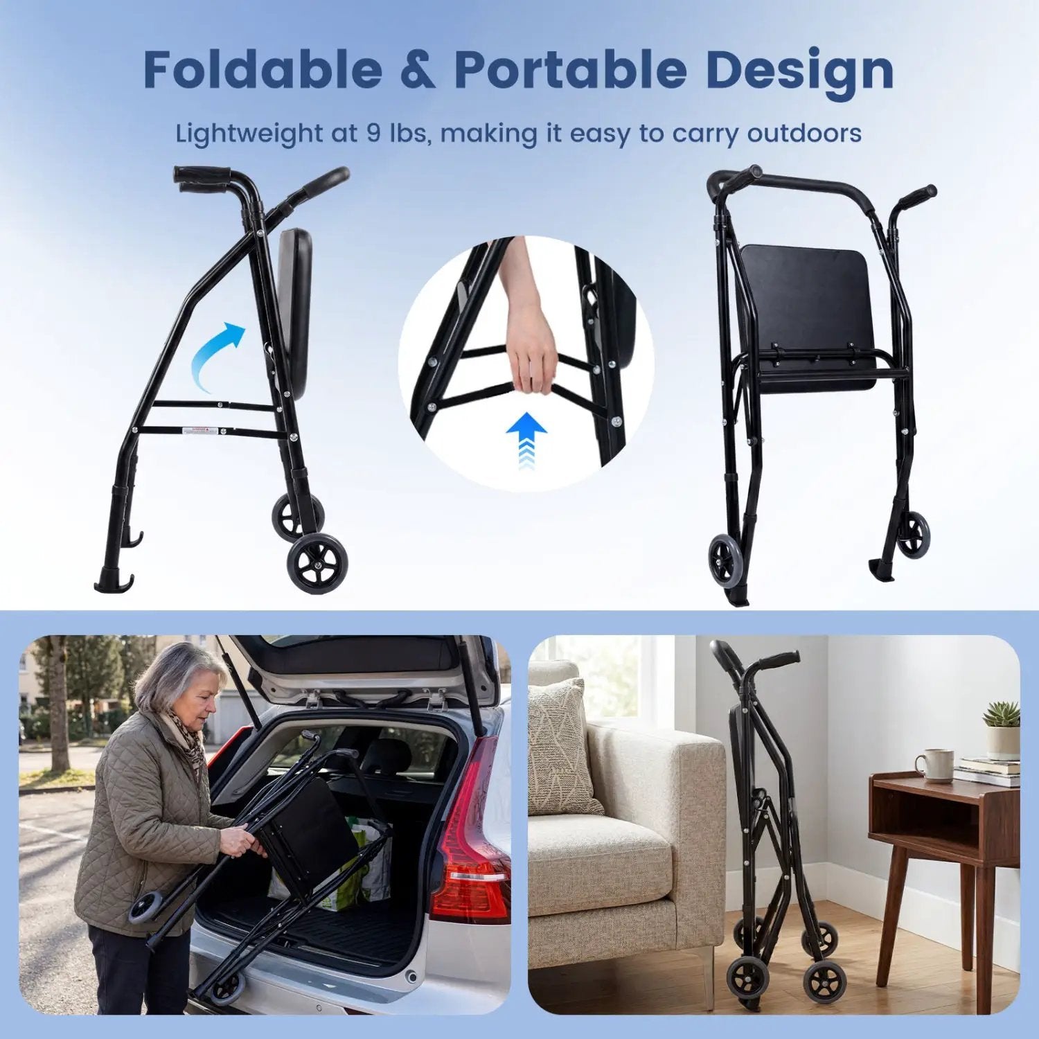 Lightweight Aluminum Mobility Walker for Seniors with 2 Wheels 5-Level Adjustable Height and Padded Seat by DirectDeals