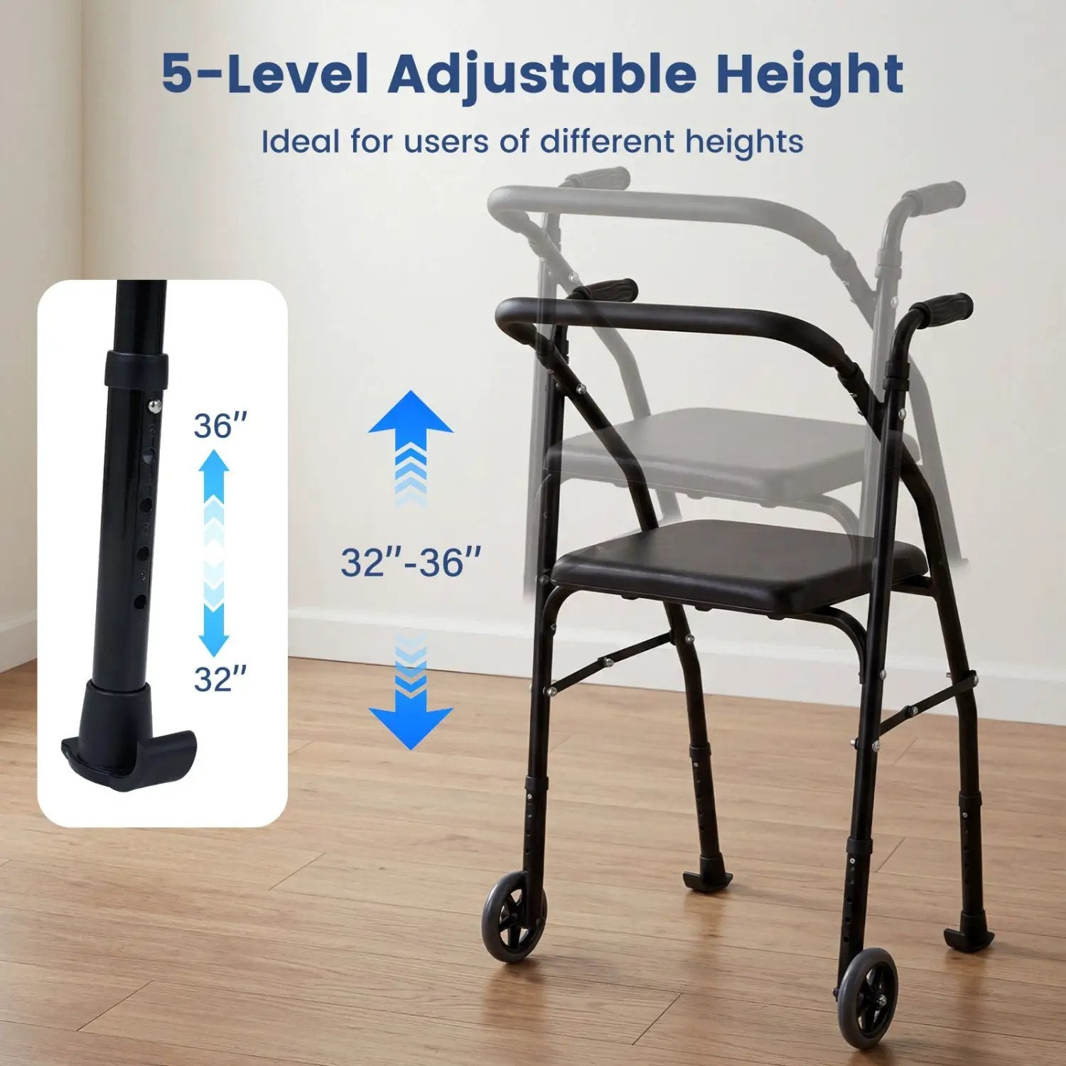Lightweight Aluminum Mobility Walker for Seniors with 2 Wheels 5-Level Adjustable Height and Padded Seat by DirectDeals