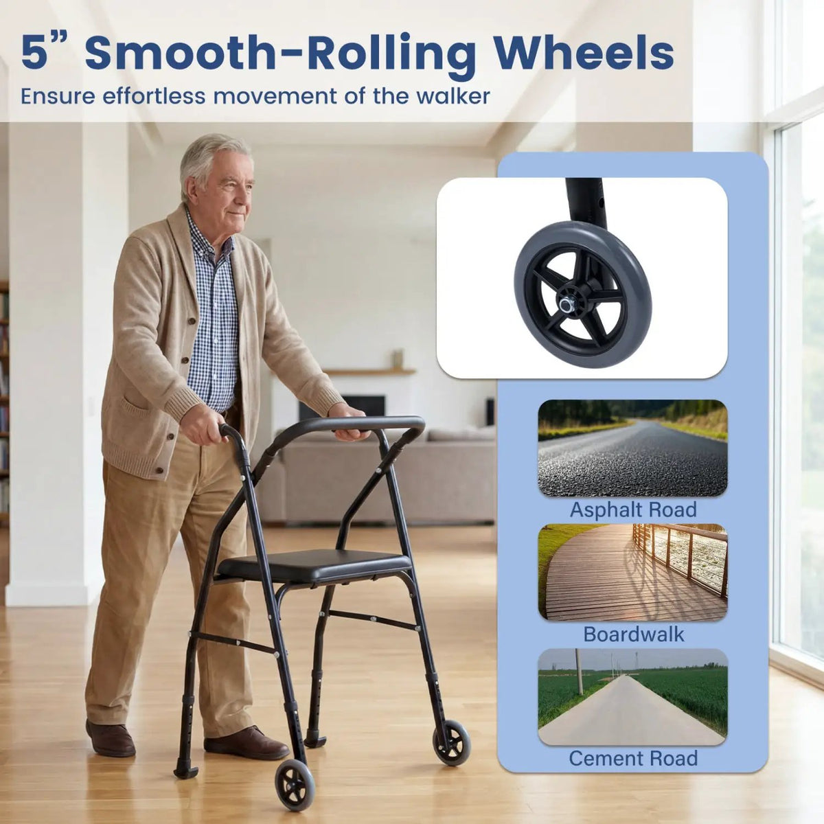 Lightweight Aluminum Mobility Walker for Seniors with 2 Wheels 5-Level Adjustable Height and Padded Seat, photo 8 of 16