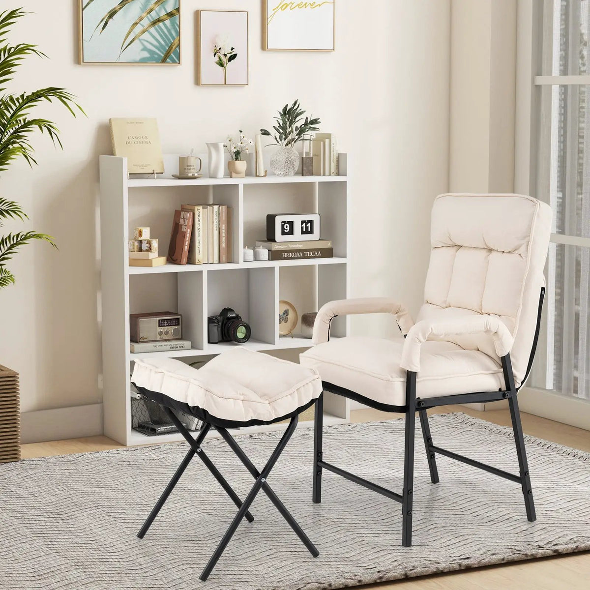 Linen Fabric Modern Accent Chair with Ottoman and Adjustable Backrest, photo 6 of 9