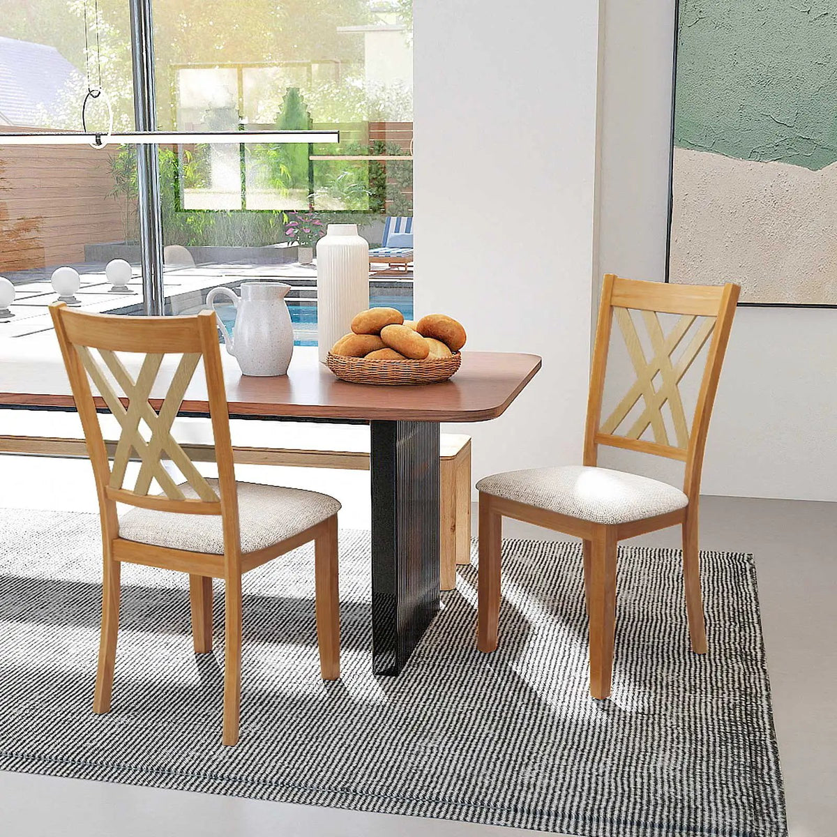 Linen Fabric Upholstered Wooden Dining Chair Set of 2 with Rubber Wood Frame for Dining Room by DirectDeals