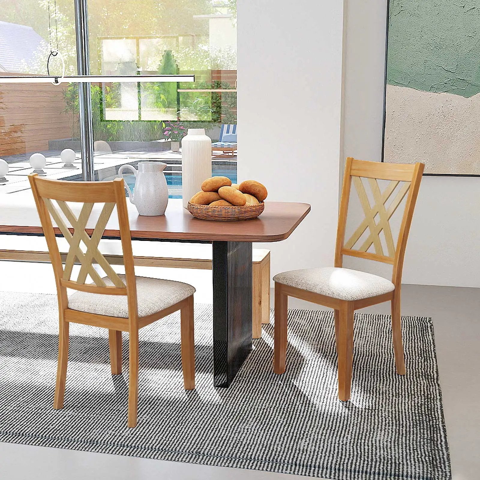Linen Fabric Upholstered Wooden Dining Chair Set of 2 with Rubber Wood Frame for Dining Room by DirectDeals