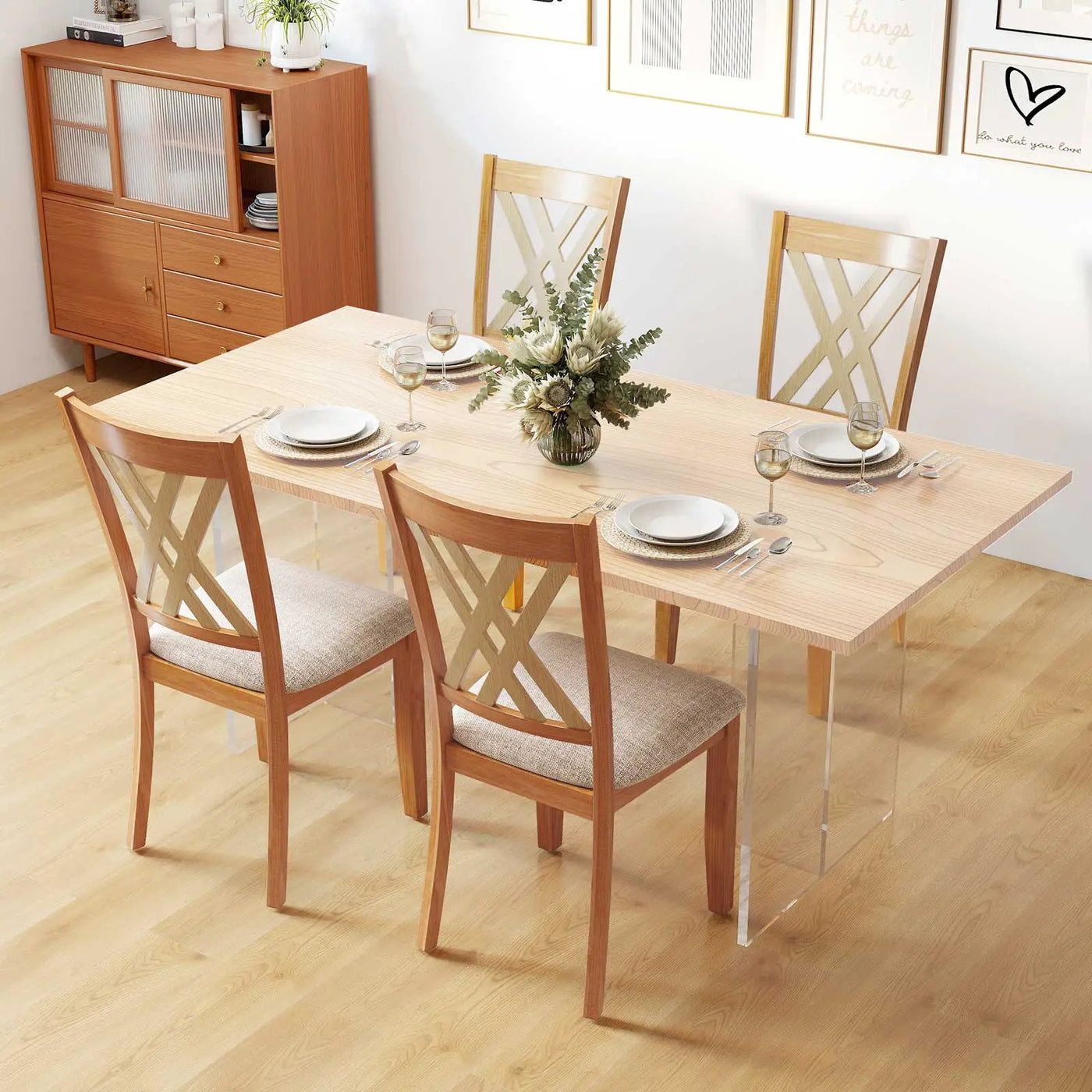 Linen Fabric Upholstered Wooden Dining Chair Set of 2 with Rubber Wood Frame for Dining Room by DirectDeals