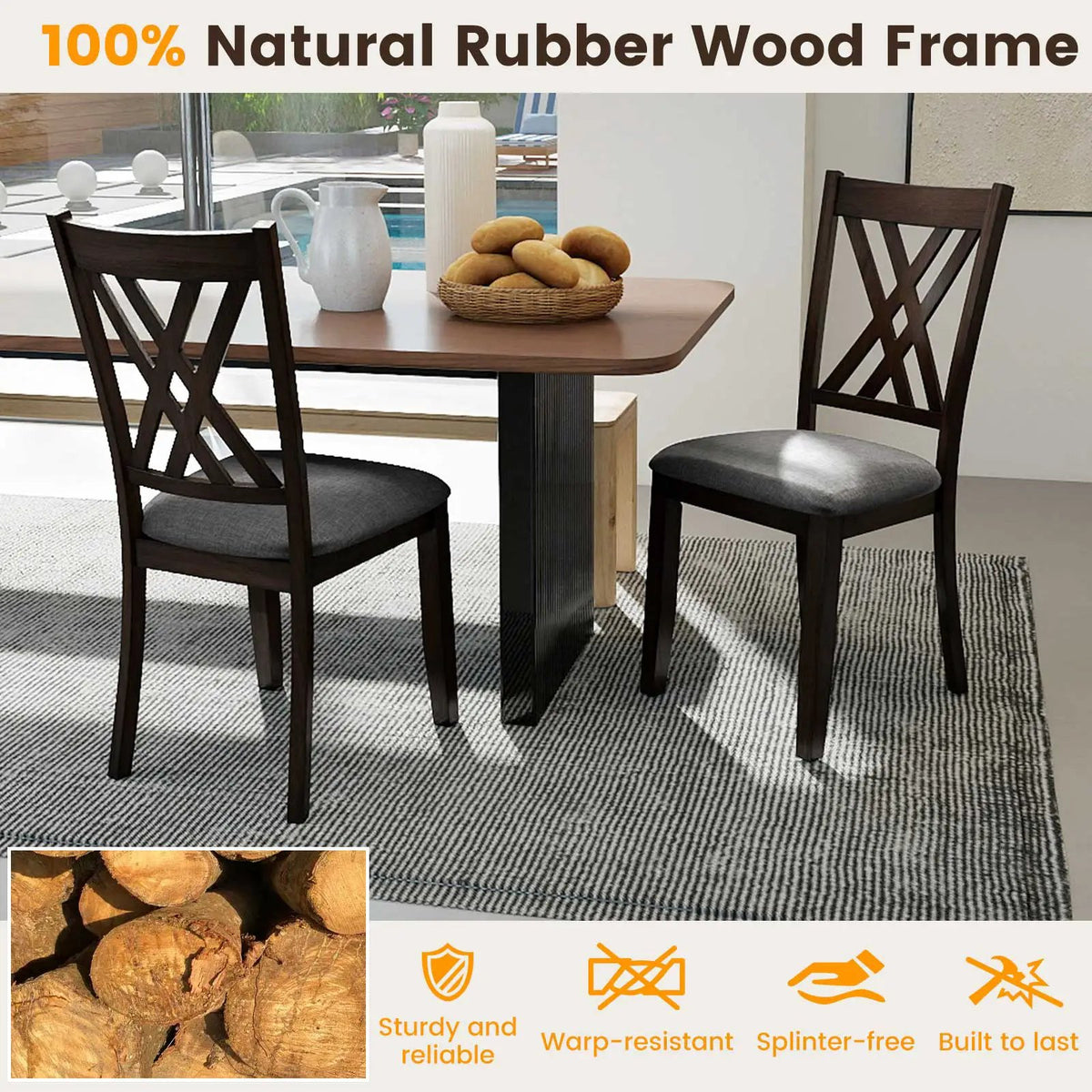 Linen Fabric Upholstered Wooden Dining Chair Set of 2 with Rubber Wood Frame for Dining Room by DirectDeals