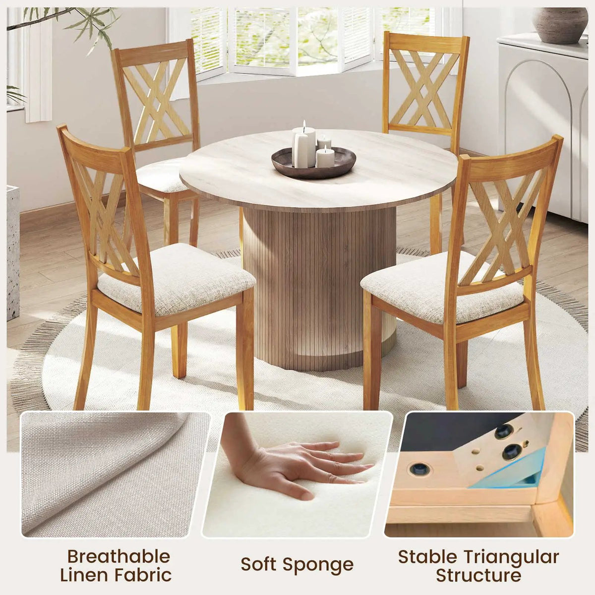 Linen Fabric Upholstered Wooden Dining Chair Set of 4 with Rubber Wood Frame for Dining Room by DirectDeals