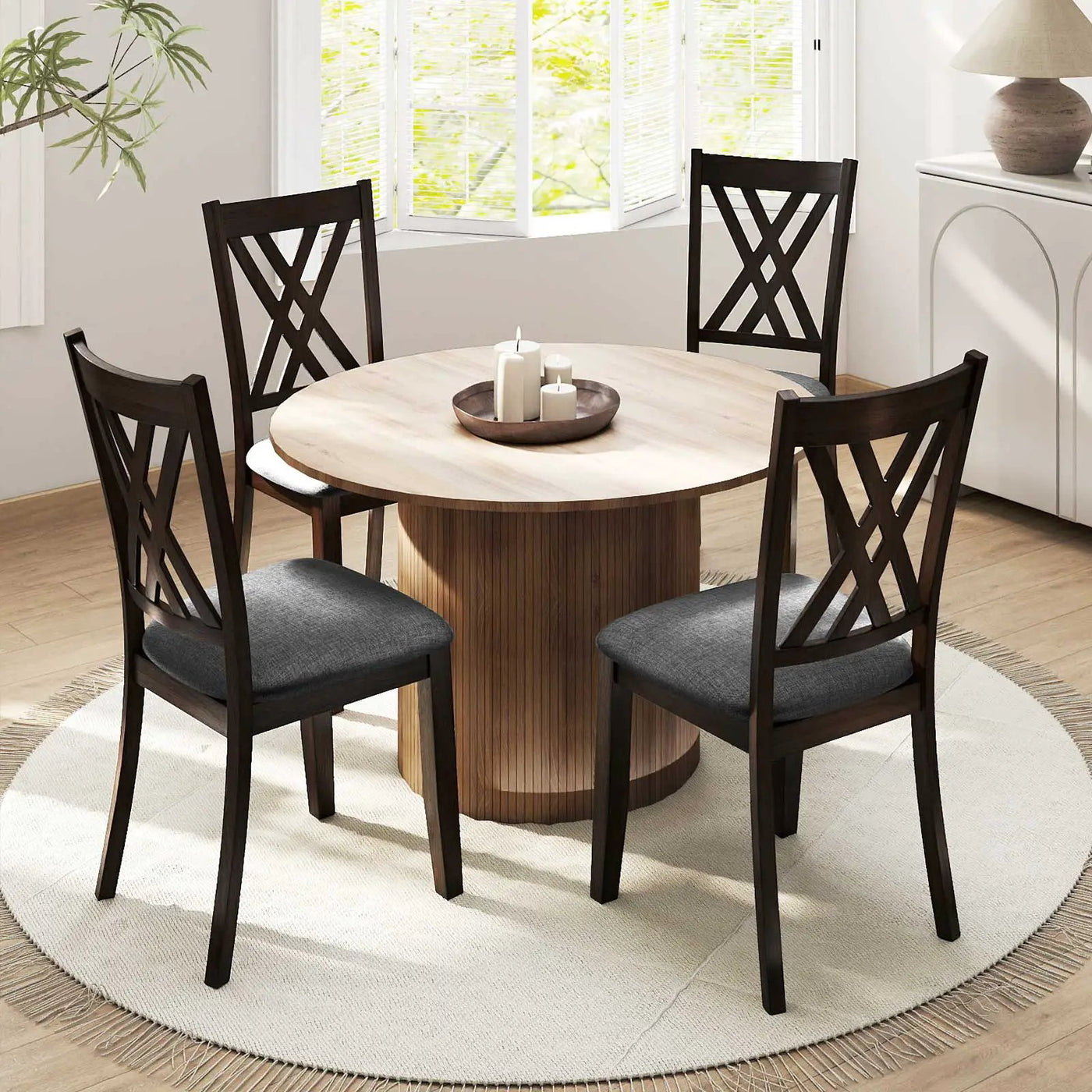 Linen Fabric Upholstered Wooden Dining Chair Set of 4 with Rubber Wood Frame for Dining Room by DirectDeals