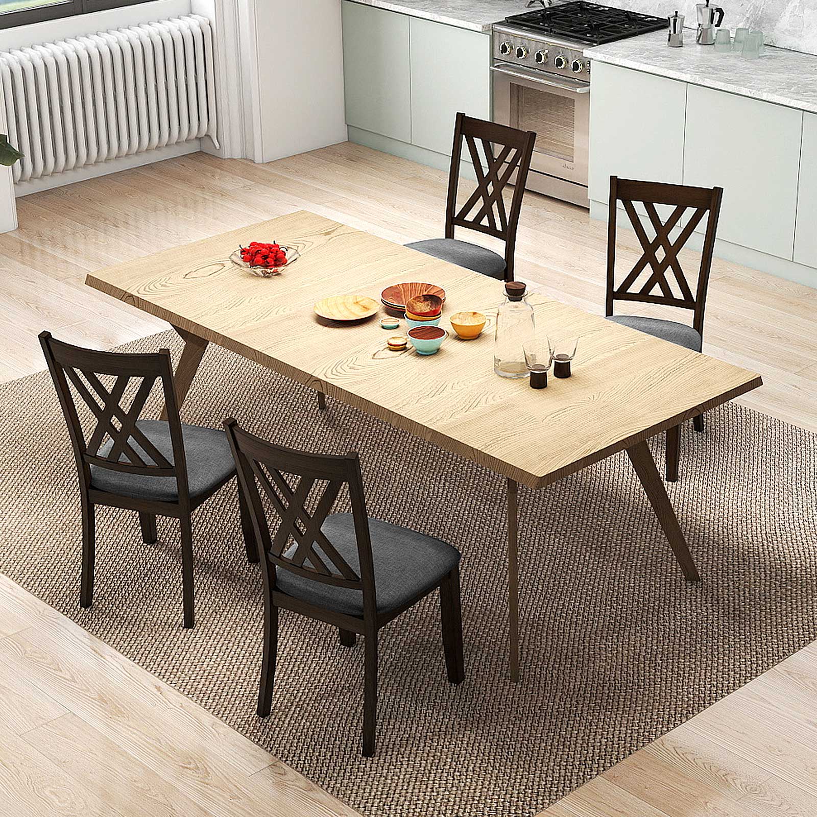 Linen Fabric Upholstered Wooden Dining Chair Set of 4 with Rubber Wood Frame for Dining Room by DirectDeals