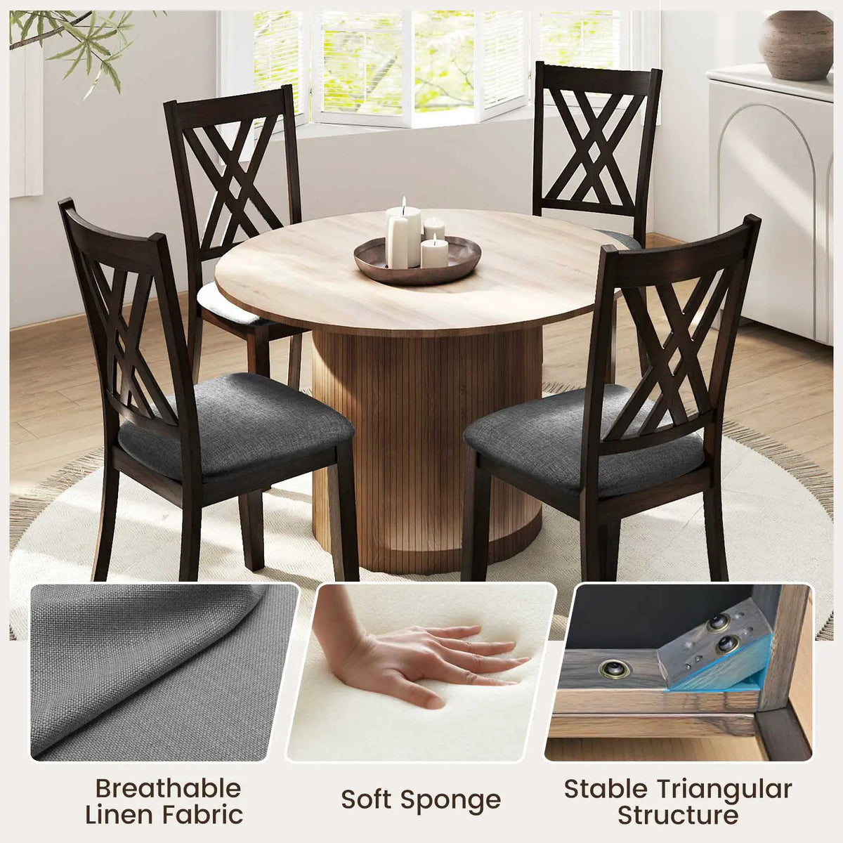 Linen Fabric Upholstered Wooden Dining Chair Set of 4 with Rubber Wood Frame for Dining Room by DirectDeals