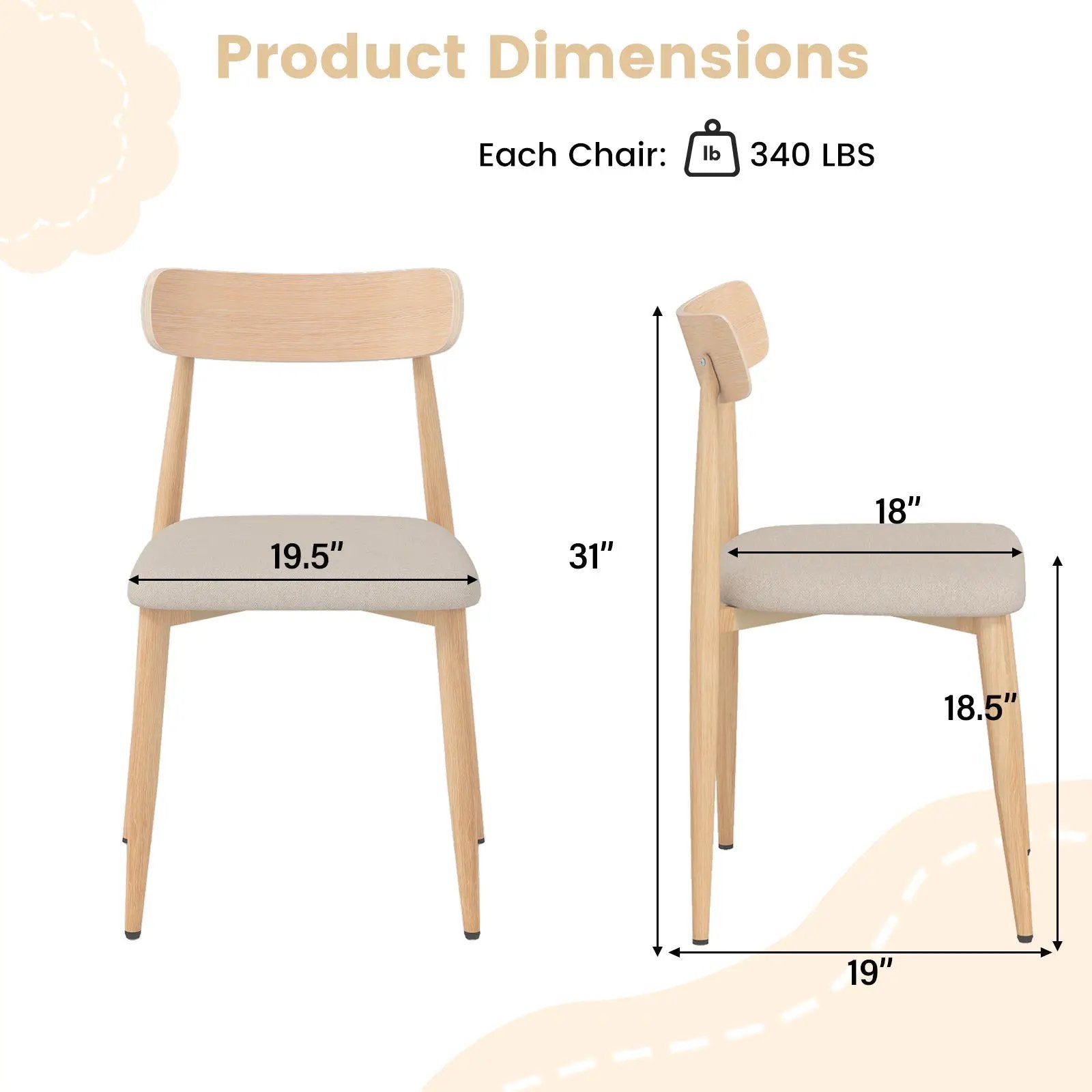 Linen Fabric Upholstered Modern Dining Chair Set of 2 with Padded Seat and Curved Back-Oak by DirectDeals