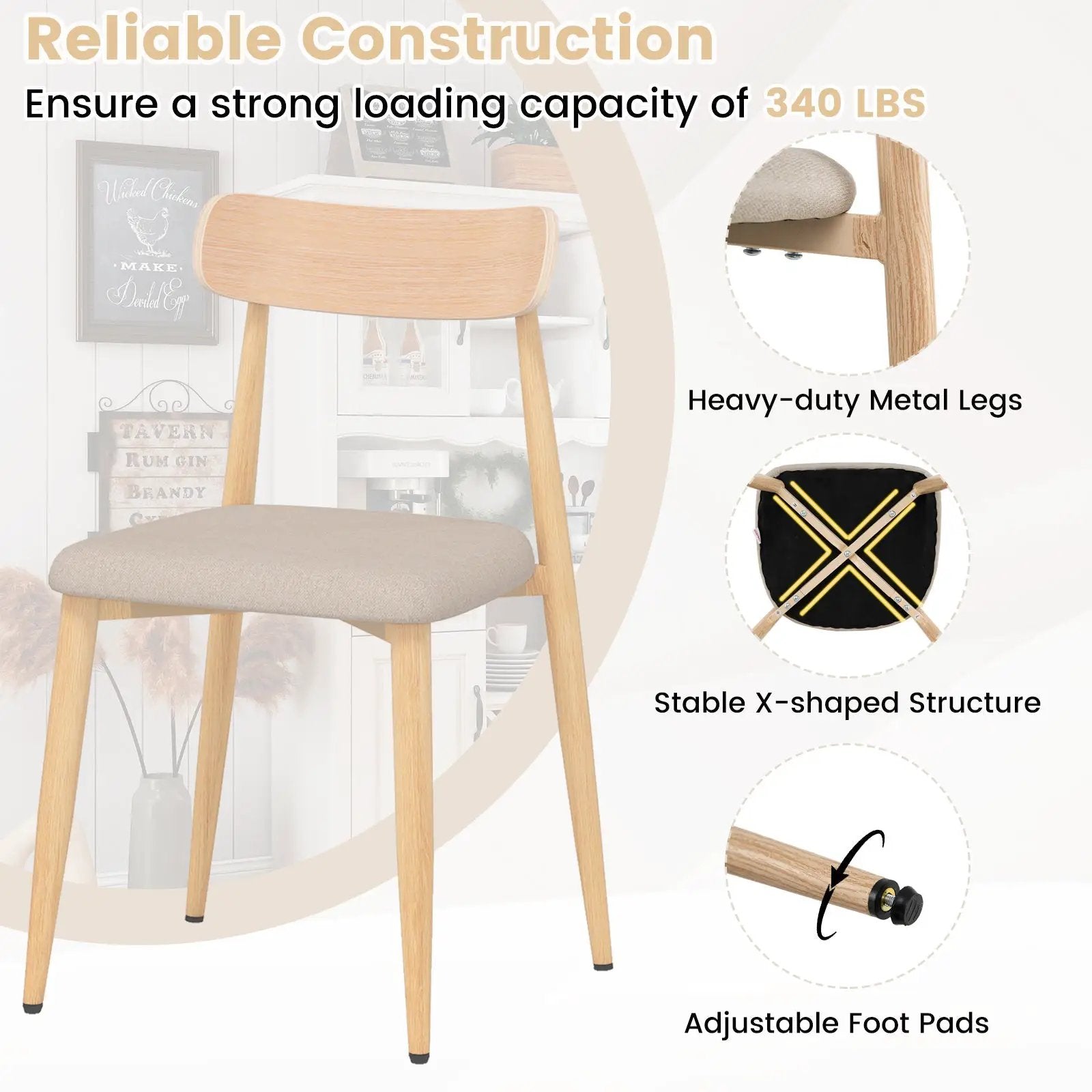 Linen Fabric Upholstered Modern Dining Chair Set of 4 with Padded Seat and Curved Back-Oak by DirectDeals