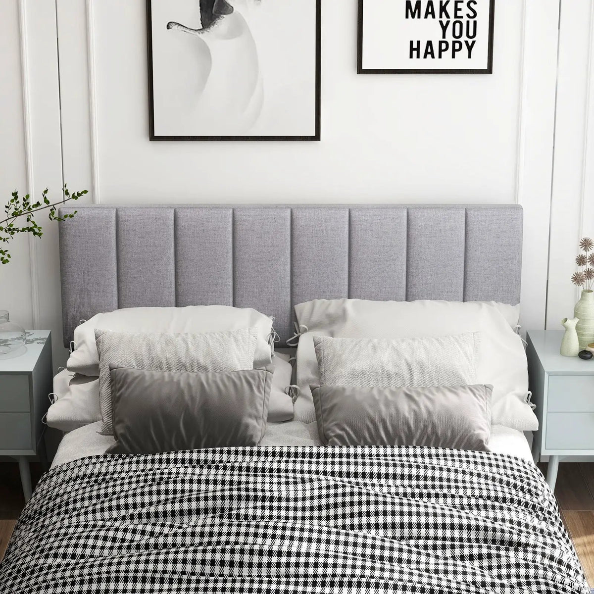 Linen Upholstered Headboard with Solid Wood Legs and Adjustable Width, photo 2 of 9