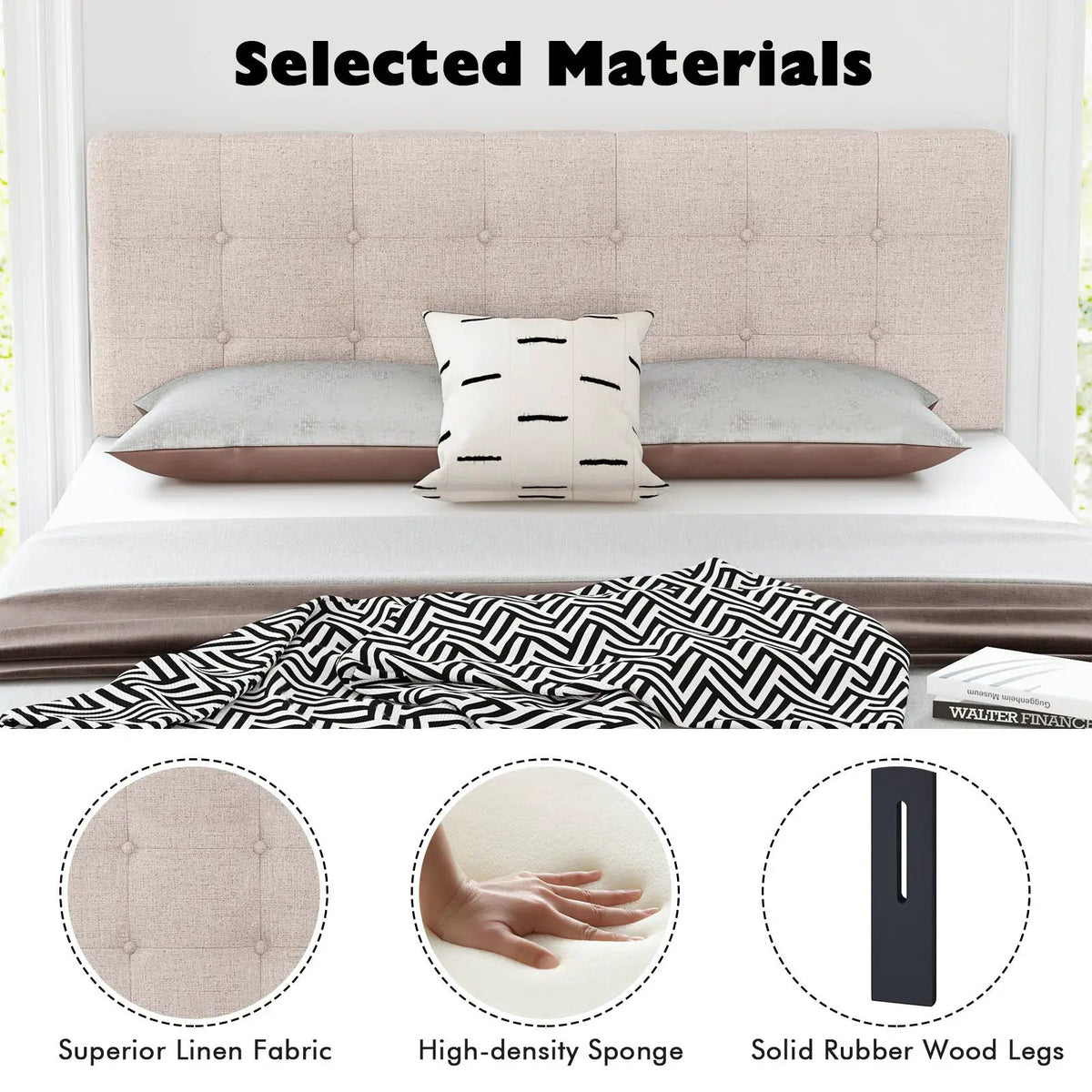 Linen Upholstered Headboard with Solid Rubber Wood Legs, photo 8 of 9