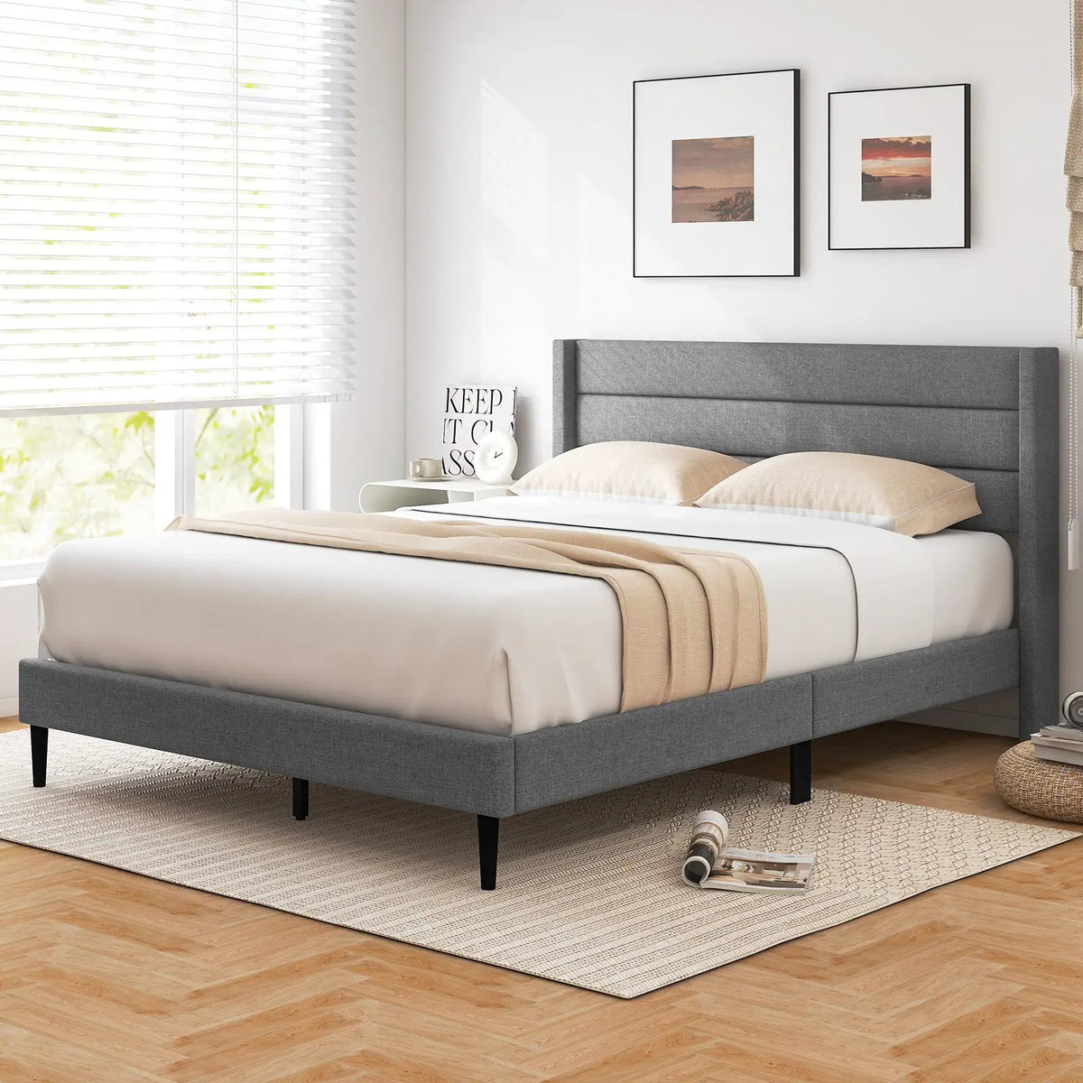 Linen Upholstered Platform Twin/Queen Bed Frame with Wingback Headboard, photo 2 of 9