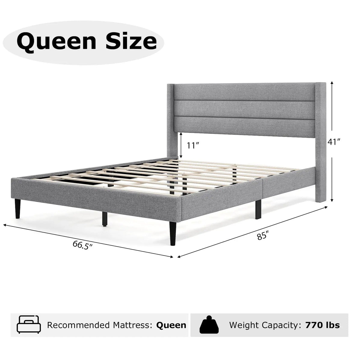 Linen Upholstered Platform Twin/Queen Bed Frame with Wingback Headboard, photo 4 of 9